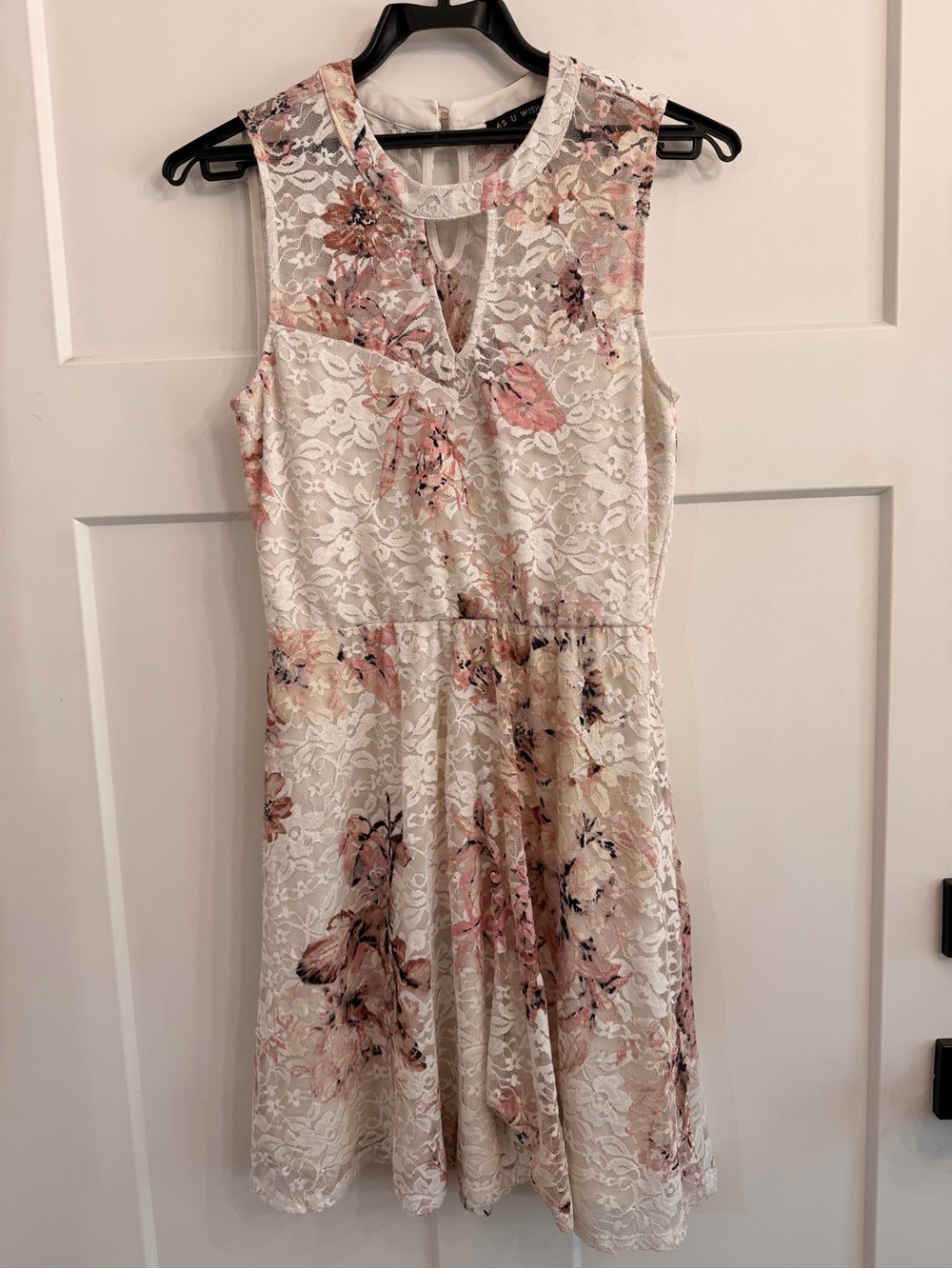 As U Wish White Lace Floral Dress with Pink Accents Fit and Flare Stretchy